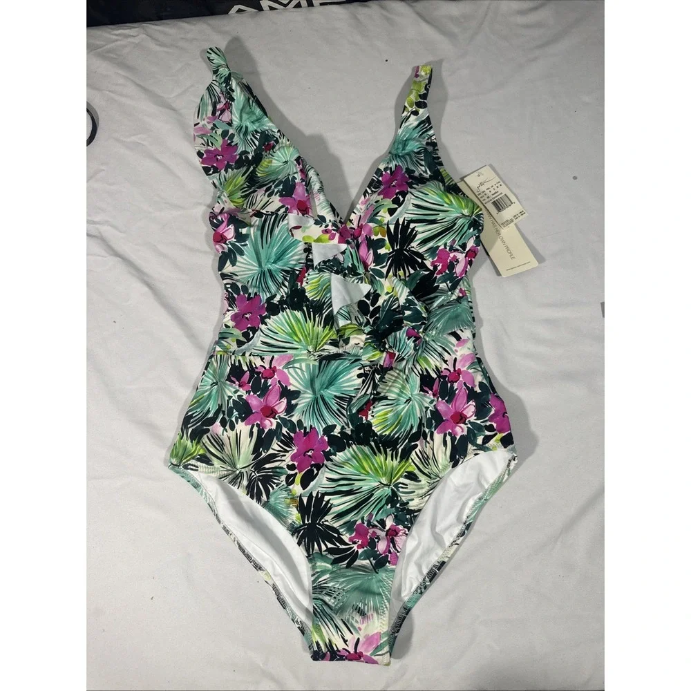 NWT Profile Gottex [ 10 ] Beautiful Day V-Neck Ruffle One Piece Swimsuit‎ T1963